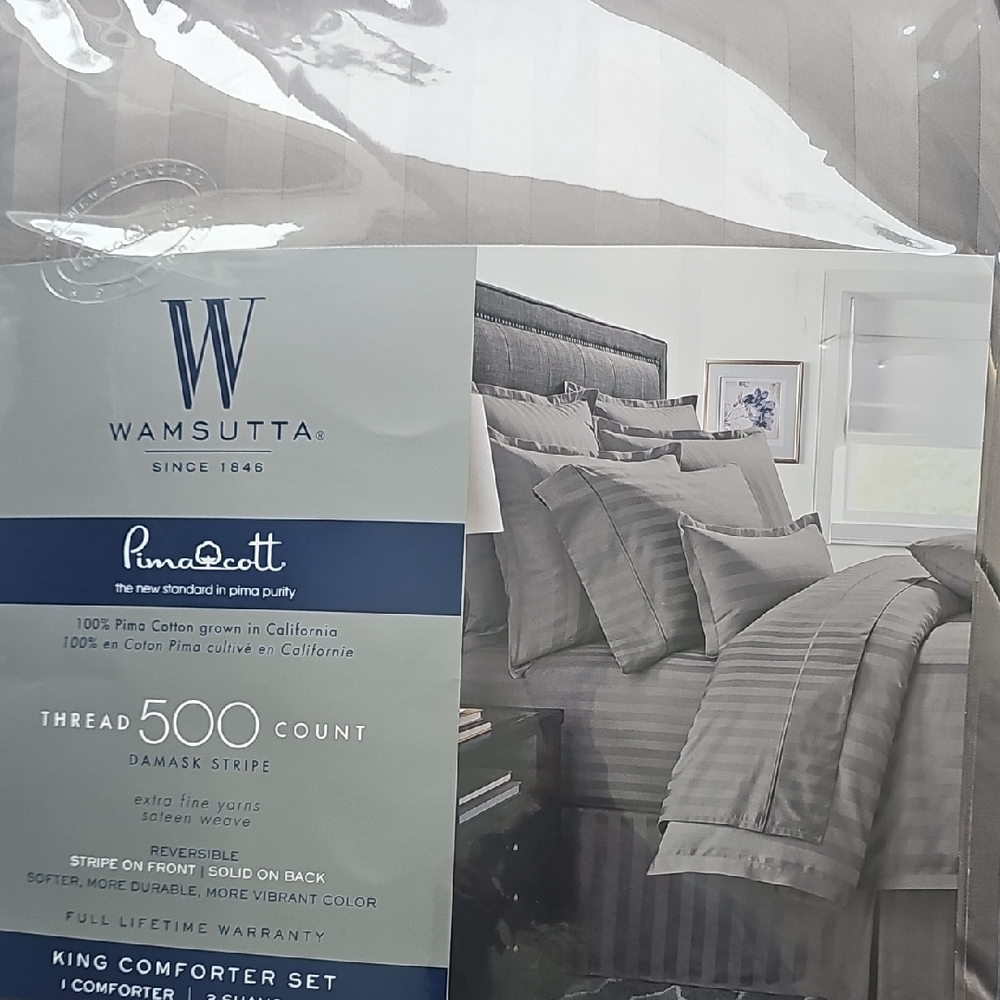 RARE Wamsutta REVERSIBLE PIMA COTTON Damask Stripe KING Comforter Set GRAY